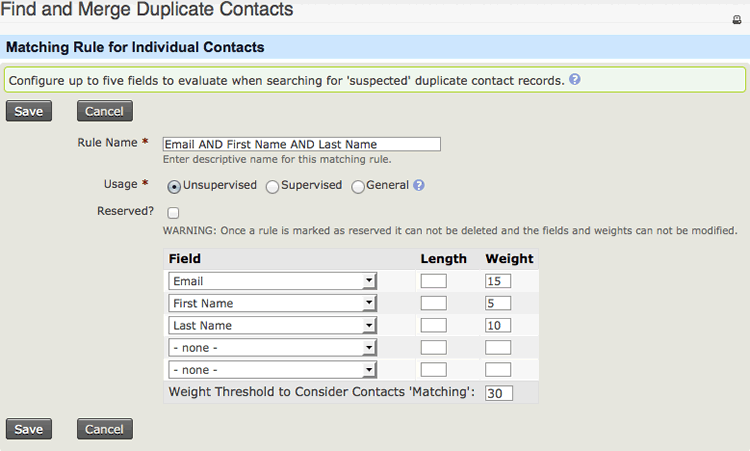 Screenshot showing settings for an unsupervised rule that checks e-mail, first name and last name. Field weights are 15, 5 and 10 respectively, and threshold is 30.