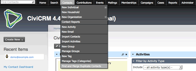 Screenshot showing dedupe rules menu location, in Contacts menu