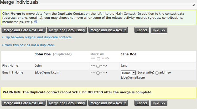 Screenshot showing the screen for merging two contacts, with a list of non-matching fields and the option to choose which field to keep the data for in each case