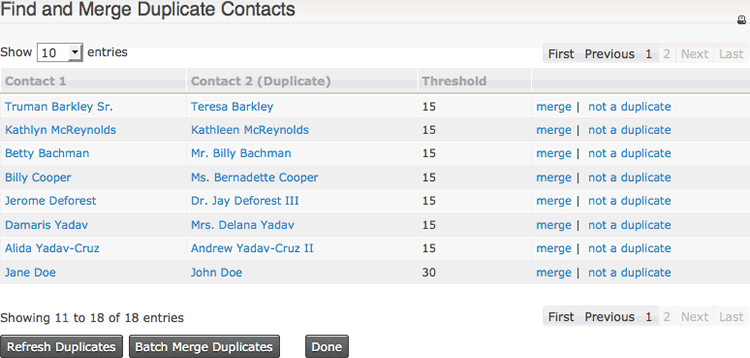 Screenshot showing a list of matching contacts, with options to merge or not merge each pair