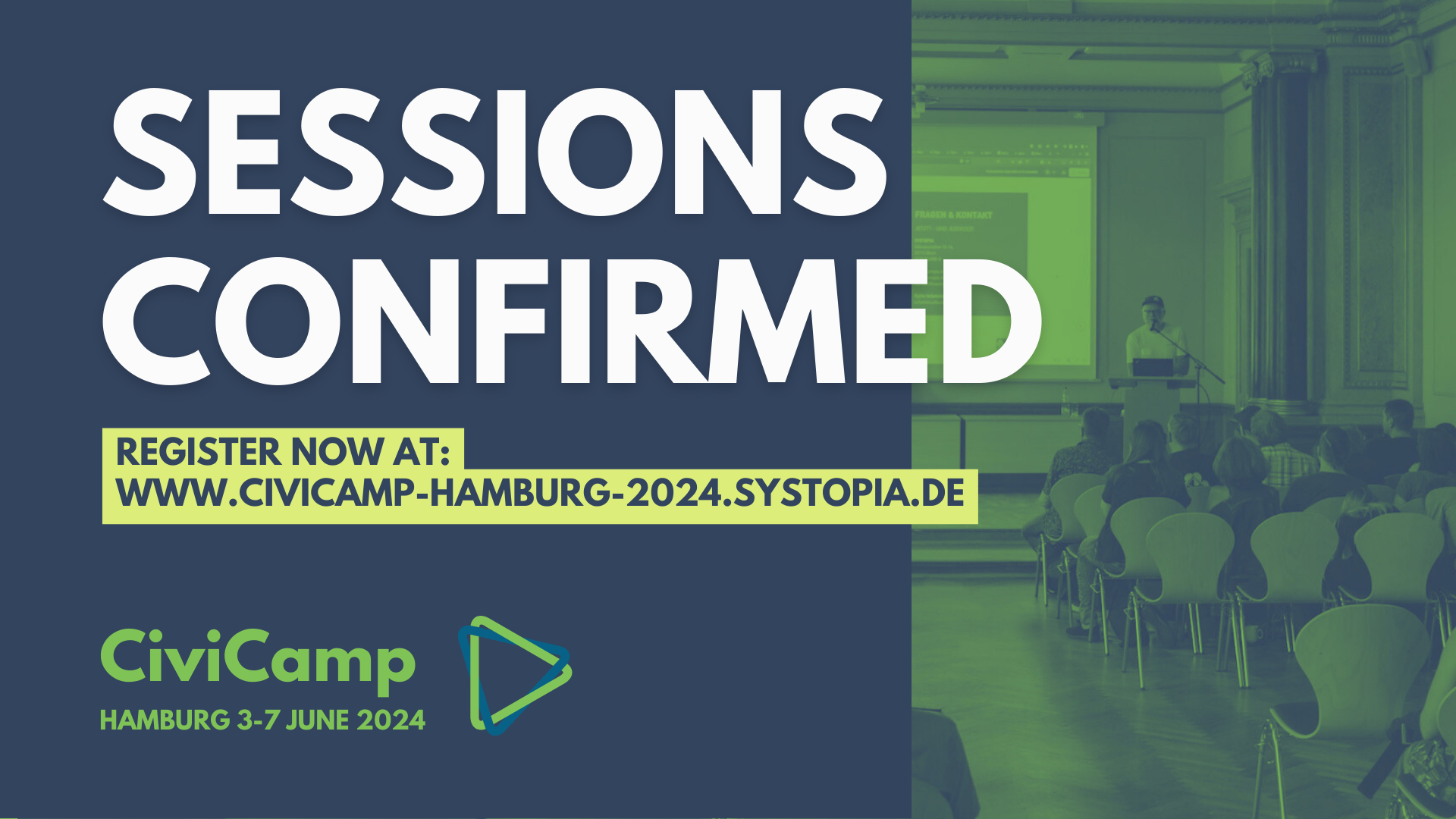 speaker at CiviCamp Leipzig,
text: Sessions confirmed, register now at: www.civicamp-hamburg-2024.systopia.de
CiviCamp Hamburg 3-7 June 2024